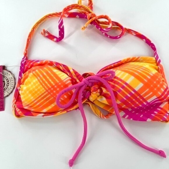 Reversible Bikini Halter Top Juniors Sz L Pink Orange Yellow Stripe Chevron - Picture 2 of 11